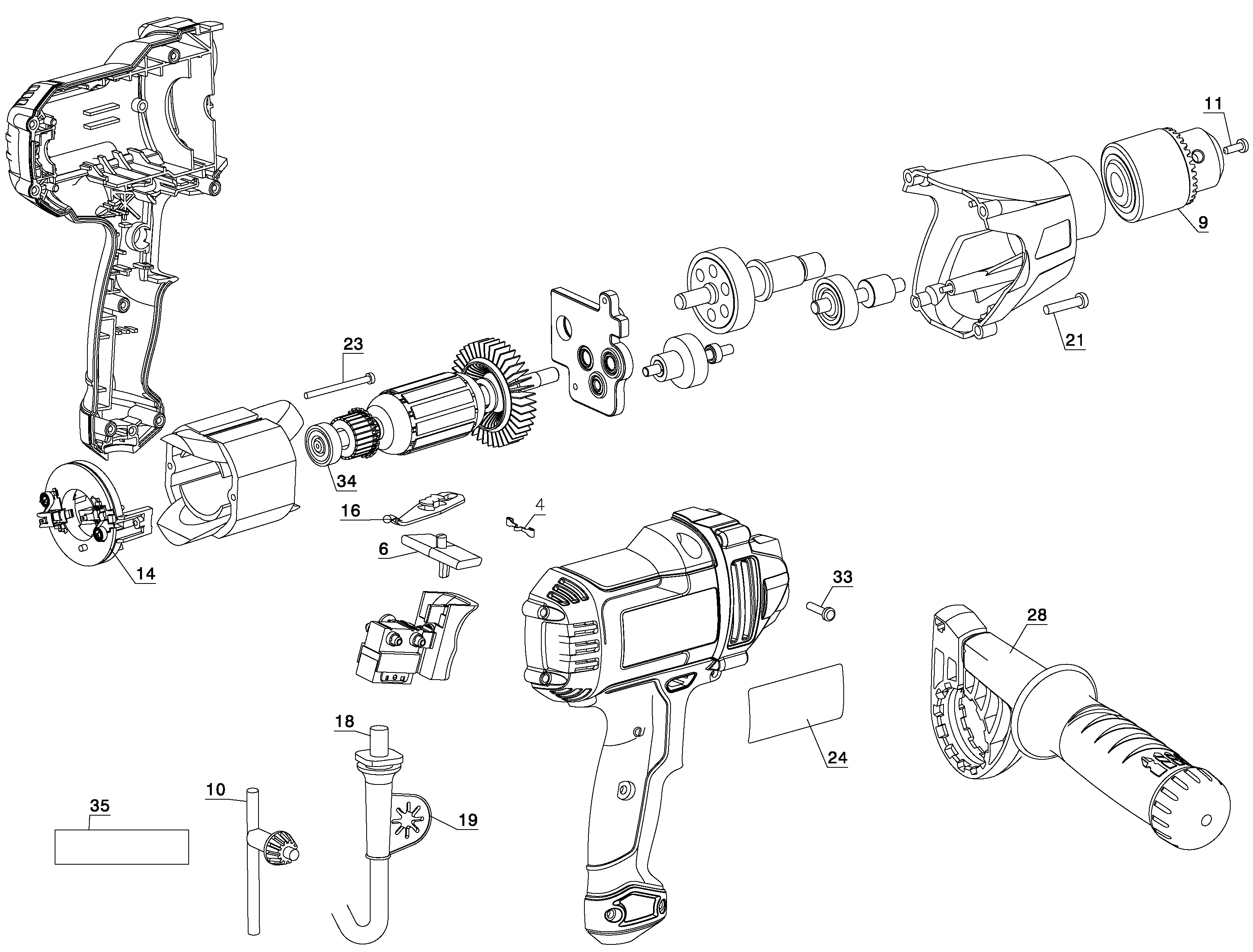 Default Diagram and Parts List for DR560-LZ Type 1 Black and Decker Boring Machine